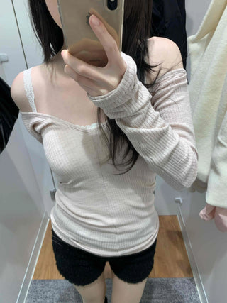 Shirred Shoulder Cutout Slim Line Rib Long Sleeve T-shirt