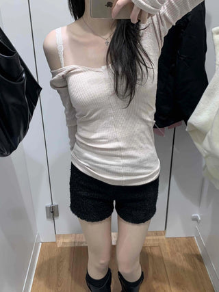 Shirred Shoulder Cutout Slim Line Rib Long Sleeve T-shirt
