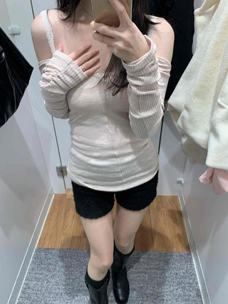 Shirred Shoulder Cutout Slim Line Rib Long Sleeve T-shirt