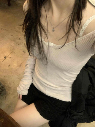 Shirred Shoulder Cutout Slim Line Rib Long Sleeve T-shirt