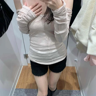 Shirred Shoulder Cutout Slim Line Rib Long Sleeve T-shirt