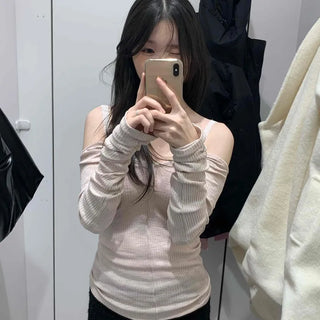 Shirred Shoulder Cutout Slim Line Rib Long Sleeve T-shirt