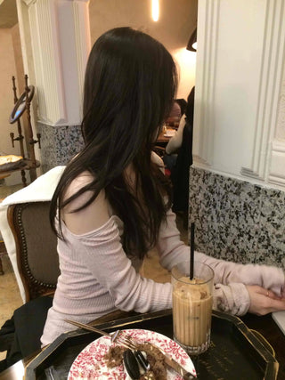 Shirred Shoulder Cutout Slim Line Rib Long Sleeve T-shirt