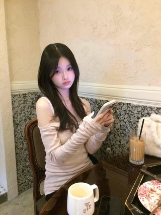 Shirred Shoulder Cutout Slim Line Rib Long Sleeve T-shirt