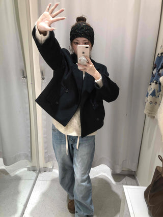 Marine Tailored Double Button Cropped Boxy Peacoat