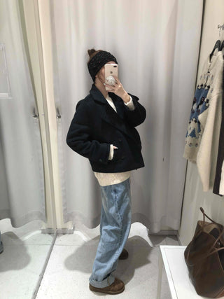 Marine Tailored Double Button Cropped Boxy Peacoat