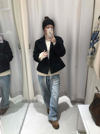 Marine Tailored Double Button Cropped Boxy Peacoat
