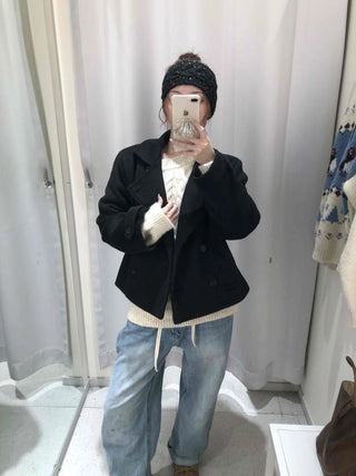 Marine Tailored Double Button Cropped Boxy Peacoat