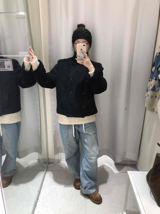 Marine Tailored Double Button Cropped Boxy Peacoat