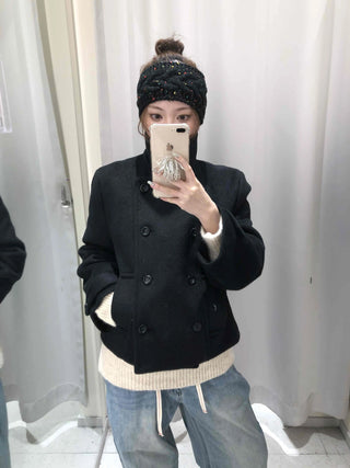 Marine Tailored Double Button Cropped Boxy Peacoat