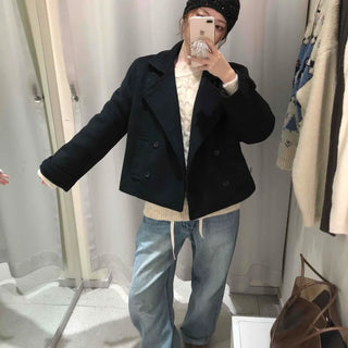 Marine Tailored Double Button Cropped Boxy Peacoat