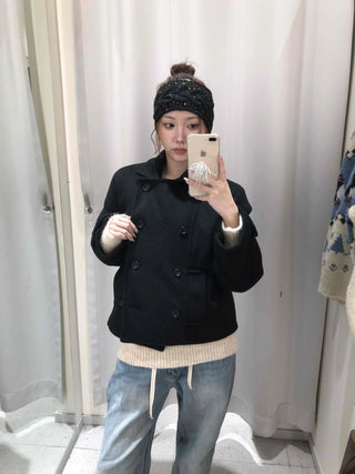 Marine Tailored Double Button Cropped Boxy Peacoat