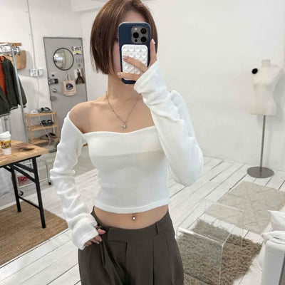Straight Neckline Asymmetrical Shirred Sleeve Crop Knit
