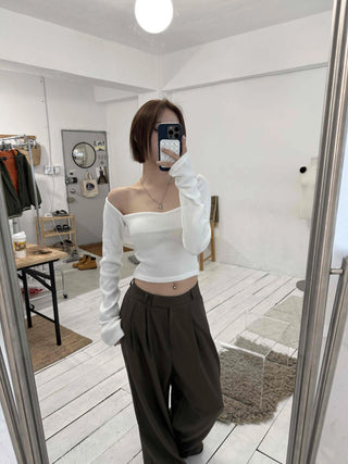 Straight Neckline Asymmetrical Shirred Sleeve Crop Knit