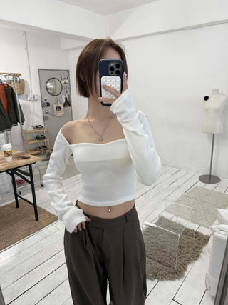 Straight Neckline Asymmetrical Shirred Sleeve Crop Knit
