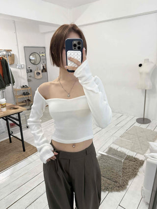 Straight Neckline Asymmetrical Shirred Sleeve Crop Knit