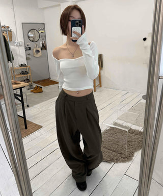 Straight Neckline Asymmetrical Shirred Sleeve Crop Knit