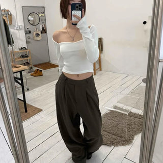 Straight Neckline Asymmetrical Shirred Sleeve Crop Knit