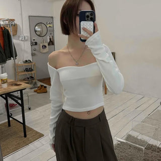 Straight Neckline Asymmetrical Shirred Sleeve Crop Knit