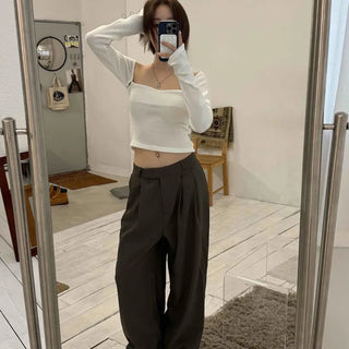 Straight Neckline Asymmetrical Shirred Sleeve Crop Knit