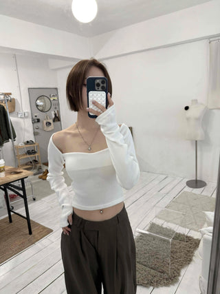 Straight Neckline Asymmetrical Shirred Sleeve Crop Knit