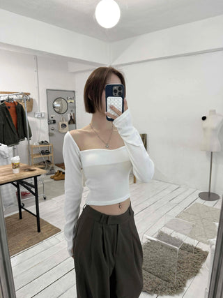 Straight Neckline Asymmetrical Shirred Sleeve Crop Knit
