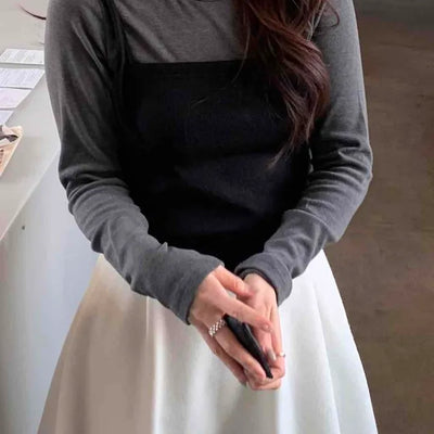 Two-tone Color Block Minimal Round Neck Slim Fit Long Sleeve T-shirt