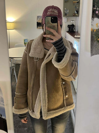 Oversized Zipper Crop Short Shearling Jacket