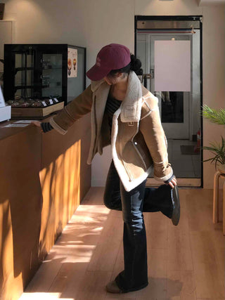 Oversized Zipper Crop Short Shearling Jacket