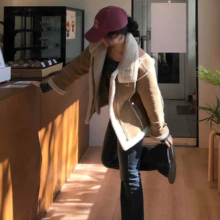 Oversized Zipper Crop Short Shearling Jacket