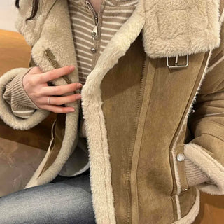 Oversized Zipper Crop Short Shearling Jacket