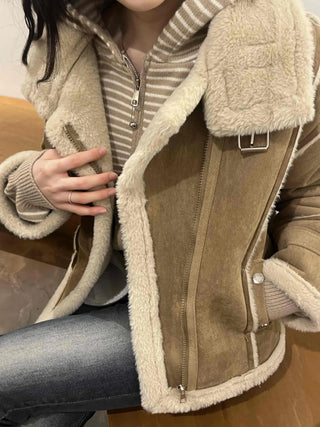 Oversized Zipper Crop Short Shearling Jacket