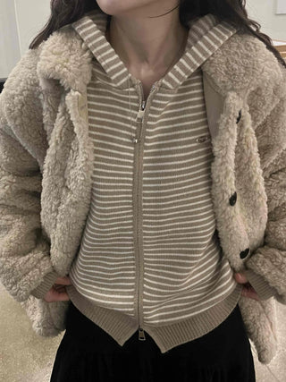 Soft Mood Half-Neck Border Loose Fit Zip-Up