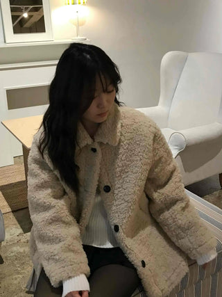 Round Collar Snap Button Loose Fit Shearling Coat