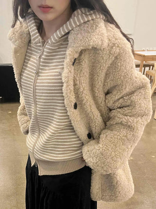Round Collar Snap Button Loose Fit Shearling Coat