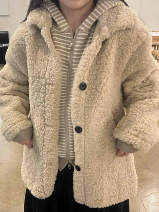 Round Collar Snap Button Loose Fit Shearling Coat