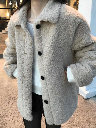 Round Collar Snap Button Loose Fit Shearling Coat