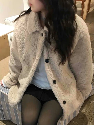 Round Collar Snap Button Loose Fit Shearling Coat