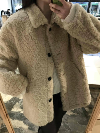 Round Collar Snap Button Loose Fit Shearling Coat