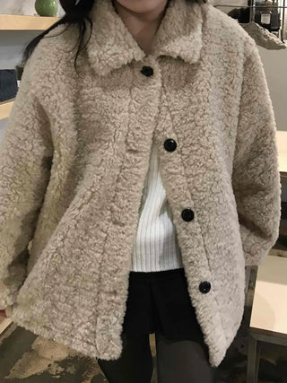Round Collar Snap Button Loose Fit Shearling Coat