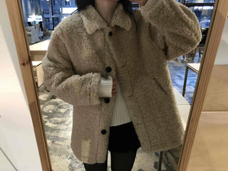 Round Collar Snap Button Loose Fit Shearling Coat