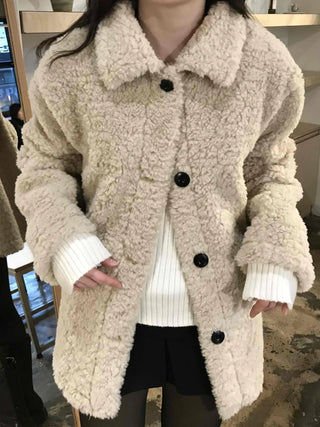 Round Collar Snap Button Loose Fit Shearling Coat