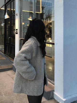 Round Collar Snap Button Loose Fit Shearling Coat