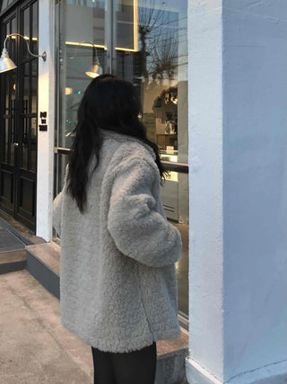 Round Collar Snap Button Loose Fit Shearling Coat