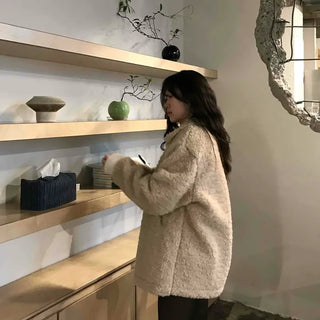 Round Collar Snap Button Loose Fit Shearling Coat