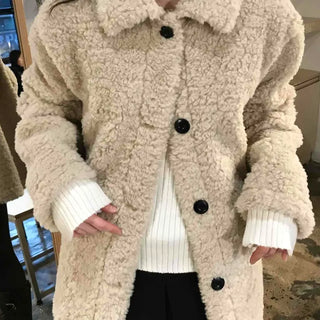 Round Collar Snap Button Loose Fit Shearling Coat