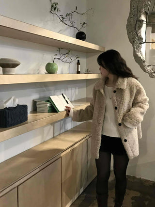 Round Collar Snap Button Loose Fit Shearling Coat