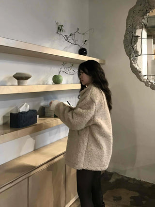 Round Collar Snap Button Loose Fit Shearling Coat