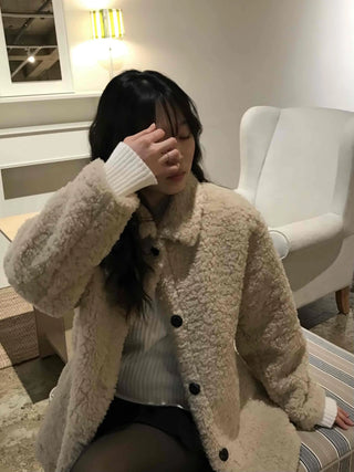 Round Collar Snap Button Loose Fit Shearling Coat