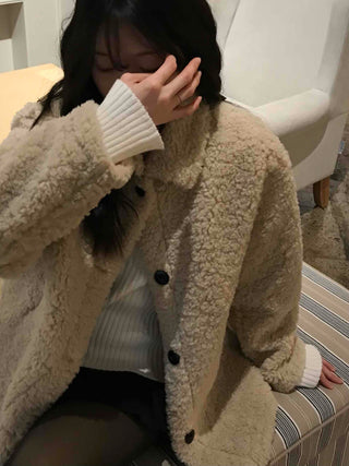 Round Collar Snap Button Loose Fit Shearling Coat